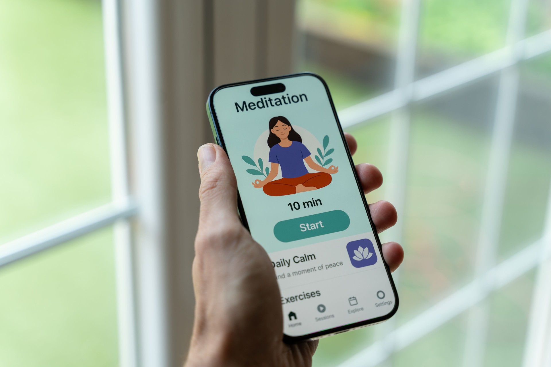 Person holding smartphone with meditation app open and ready to start